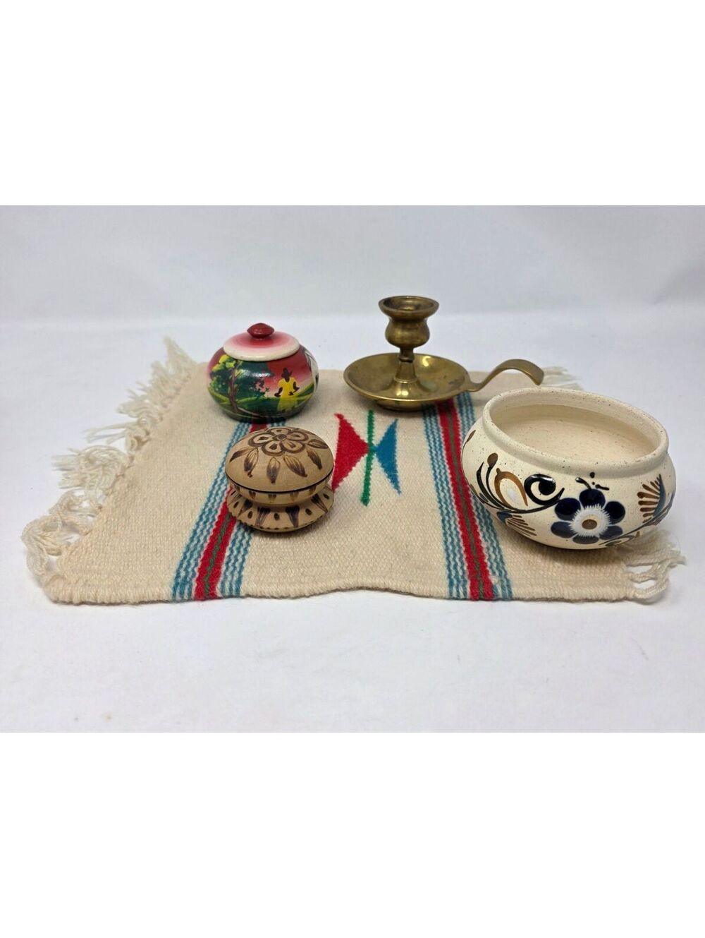 Vintage Folk Art Decor Bundle Tonala Style Bowl Brass Wood & Woven Mat